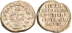 Johannes, primikerios, imperial ostiarios and epi ton deeseon, 10th century. Seal (Lead, 24 mm, 8.99 g, 12 h). KЄ ROHΘЄI TⲰ CⲰ Δ૪Λ, patriarchal cross ...