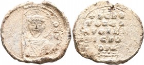Euthymios, bishop of Gordiason (?), circa 950-1050. Seal (Lead, 28 mm, 11.20 g, 11 h). [Θ ΘЄ]-O/Δ/Ⲱ
 Nimbate facing bust of Saint Theodore, holding a ...