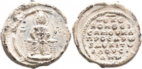 Samuel Alousianos, proedros and doux, circa 1070-1090. Seal (Lead, 25 mm, 17.30 g, 12 h). The Mother of God seated facing on a high-backed, cushioned ...