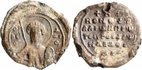 Aaron, protoproedros and doux, after 1059. Seal (Lead, 29 mm, 14.33 g, 12 h). Θ ΘЄ/O-Δ/ⲰP/O, Nimbate facing bust of Saint Theodore, holding spear over...