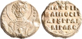 N., patrikios, praipositos and droungarios of the watch, middle 11th century. Seal (Lead, 26 mm, 18.91 g, 11 h). Θ / M/H-NAC Nimbate facing bust of Sa...