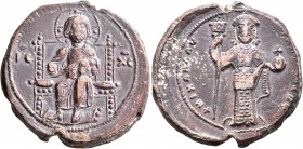 Michael VII Doukas, 1071-1078. Seal (Lead, 31 mm, 21.27 g, 11 h). IC - XC Christ seated facing on an ornate throne, wearing cross-nimbus, raising his ...