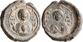 Anonymous, 11th century. Seal (Lead, 23 mm, 14.00 g, 12 h). MHP - ΘV Nimbate Mother of God “Episkepsis”, raising both hands in prayer, medallion of Ch...