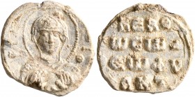 Theophylaktos, 11th century. Seal (Lead, 20 mm, 5.25 g, 11 h). MHP - Θ[V] The Mother of God, nimbate, both hands half-raised in prayer before her, pal...