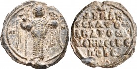 Andronikos Doukas, sebastos, circa mid 12th century. Seal (Lead, 26 mm, 9.91 g, 11 h). AP-I/M St. Michael, nimbate, wearing loros, standing facing, ho...