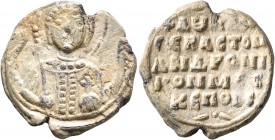 Andronikos Doukas, sebastos, circa mid 12th century. Seal (Lead, 22 mm, 8.06 g, 11 h). Bust of St. Michael, nimbate, facing, holding trefoil scepter i...