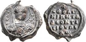 Niketas Leontisios, late 11th-12th century. Seal (Lead, 15 mm, 4.11 g, 12 h). Θ / Δ/H-M/I/TP Nimbate facing bust of Saint Demetrios, holding spear ove...