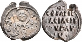 Basileios Glykys, 12th century. Seal (Lead, 22 mm, 7.54 g, 12 h). Θ / ΓЄ/ ⲰP - Γ/I/OC Nimbate facing bust of Saint George, holding spear over his righ...