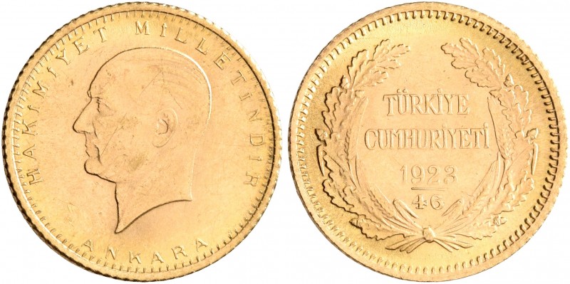 TURKEY. Republic. 1923-present. 25 Kurush (Gold, 15 mm, 1.79 g, 12 h), Year 46 =...