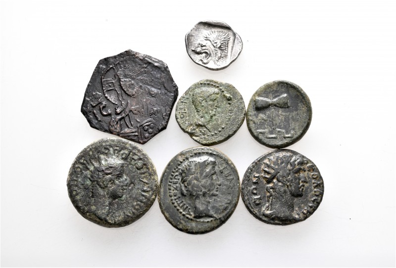 A lot containing 6 bronze and 1 silver coins. Includes: Greek, Roman Provincial ...