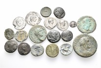 A lot containing 5 silver and 14 bronze coins. Includes: Greek and Roman. About fine to about very fine. LOT SOLD AS IS, NO RETURNS. 19 coins in lot.