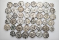 A lot containing 46 silver coins. All: Roman Imperial. Fine to very fine. Harshly cleaned. LOT SOLD AS IS, NO RETURNS. 46 coins in lot.