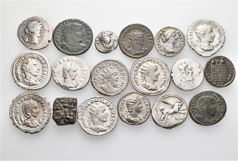 A lot containing 13 silver and 5 bronze coins. Includes: Celtic, Indian, Roman R...