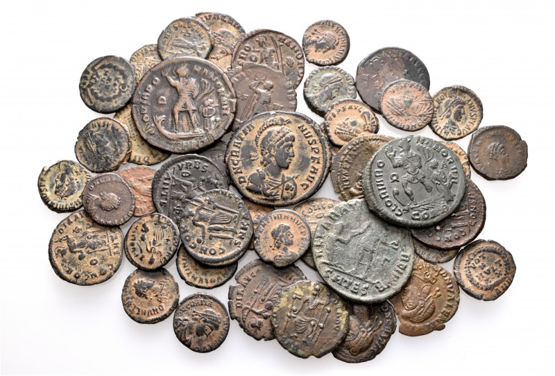 A lot containing 46 bronze coins. Includes: Valentinian II and Gratian. About ve...