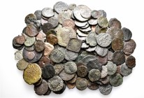 A lot containing 155 bronze coins. Includes: Roman Imperial, Byzantine and Medieval. Mainly late Roman Folles. Fair to fine. LOT SOLD AS IS, NO RETURN...