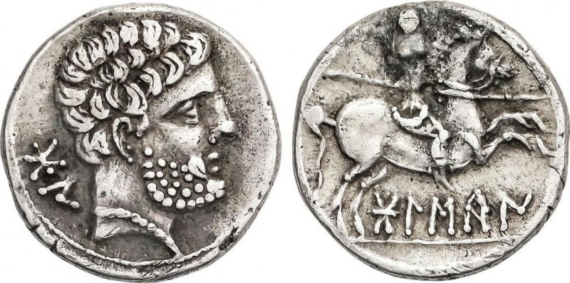Celtiberian Coins
Denario. 180-20 a.C. BOLSCAN (HUESCA). Anv.: Cabeza barbada a ...
