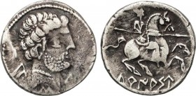 Celtiberian Coins
Denario. 120-20 a.C. TURIASO (TARAZONA, Zaragoza). Anv.: Cabeza grande barbada a derecha con letras ibéricas Ca, S y Tu. Rev.: Jinet...