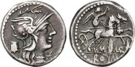 Roman Coins
Republic
Denario. 134 a.C. MARCIA-8. M. Marcius Mn. F. Rev.: Victoria con látigo en biga a derecha, debajo dos espigas. 3,73 grs. AR. Páti...