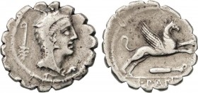 Roman Coins
Republic
Denario. 79 a.C. PAPIA-1. L. Papius. Anv.: Cabeza de Juno Sospita a derecha, tocado con piel de ciervo, detrás símbolo. Rev.: Gri...