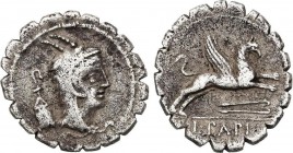 Roman Coins
Republic
Denario. 79 a.C. PAPIA-1. L. Papius. Anv.: Cabeza de Juno Sospita a derecha, tocado con piel de ciervo, detrás símbolo. Rev.: Gri...