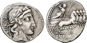 Roman Coins
Republic
Denario. 90 a.C. VIBIA-2. C. Vibius C. f. Pansa. Anv.: Cabeza laureada de Apolo a derecha con rizos en la nuca, debajo de la barb...