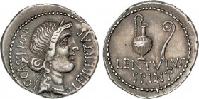 Roman Coins
Empire
Denario. Acuñada el 43-42 a.C. CASIO. Anv.: C. CASSI. IMP. Cabeza diademada de la libertad a derecha. Rev.: LENTVLVS SPINT. Praefer...