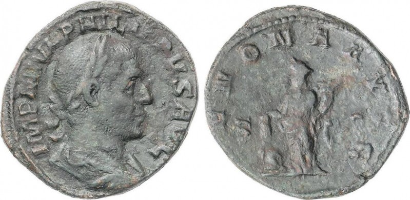 Roman Coins
Empire
Sestercio. Acuñada el 244-249 d.C. FILIPO I. Anv.: I. IMP. M....