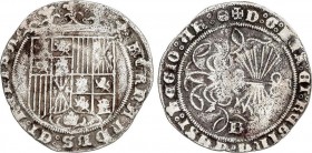 Spanish Monarchy
Ferdinand and Isabella
1 Real. BURGOS. Anv.: Sin marcas. Rev.: Caldero y cruz patada en leyenda. B en campo. 6 flechas. 2,91 grs. (Ox...