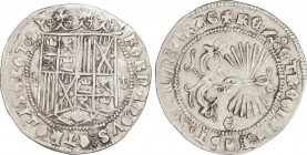 Spanish Monarchy
Ferdinand and Isabella
1 Real. GRANADA. Anv.: Escudo entre globos crucíferos. Rev.: G en campo. 7 flechas. 3,35 grs. AC-362. MBC. 