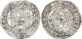 Spanish Monarchy
Ferdinand and Isabella
1 Real. SEVILLA. Anv.: Escudo entre estrellas entre circulitos. Rev.: S / S en campo. 6 flechas. 3,37 grs. AC-...
