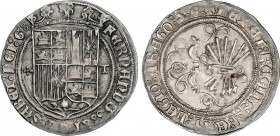Spanish Monarchy
Ferdinand and Isabella
1 Real. TOLEDO. Anv.: 5 puntos en forma de cruz - Escudo - T. Rev.: 6 flechas. 3,41 grs. Pátina oscura en anve...