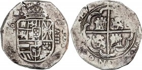 Spanish Monarchy
Philip III
8 Reales. TOLEDO. 27,56 grs. Error en valor: IIIV. Fecha no visible. AC-989. MBC-. 