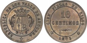 Provisional Government and I Republic
10 Céntimos. 1873. VALLS DE ANDORRA. AE. ESCASA. AC-2 ; Bruce-X2. SC-. 