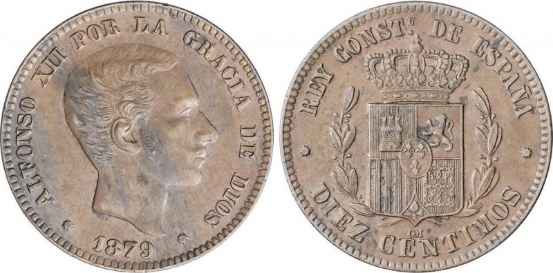 Alfonso XII
10 Céntimos. 1879. BARCELONA. O.M. (Rayita en anverso). EBC-. 