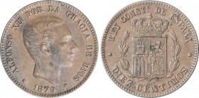 Alfonso XII
10 Céntimos. 1879. BARCELONA. O.M. (Rayita en anverso). EBC-. 