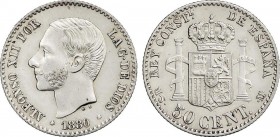 Alfonso XII
50 Céntimos. 1880 (*_-_). M.S.-M. Estrellas anepígrafas. EBC/EBC+. 