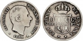 Alfonso XII
10 Centavos de Peso. 1880. MANILA. MUY RARA. BC+/MBC-. 