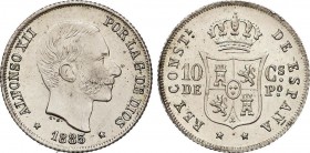 Alfonso XII
10 Centavos de Peso. 1885. MANILA. Brillo original. SC. 