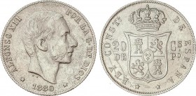 Alfonso XII
20 Centavos de Peso. 1880. MANILA. (Oxidaciones limpiadas). MUY ESCASA. (MBC+). 