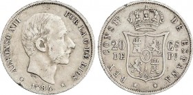 Alfonso XII
20 Centavos de Peso. 1884. MANILA. (Pequeños golpecitos). Pátina. (MBC). 
