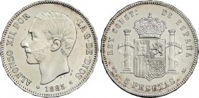 Alfonso XII
5 Pesetas. 1885 (*18-85). M.S.-M. Brillo original. (Leves rayitas). EBC+. 