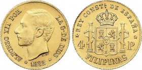 Alfonso XII
4 Pesos. 1882. MANILA. 6,78 grs. ESCASA. EBC/EBC+. 