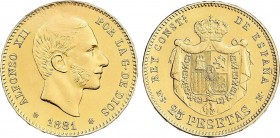 Alfonso XII
25 Pesetas. 1881 (*18-81). M.S.-M. 8,05 grs. (Pulida en la parte superior del anverso). (EBC). 