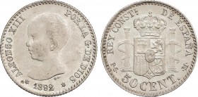 Alfonso XIII
50 Céntimos. 1892/8(9) (*9-2). P.G.-M. EBC-/EBC. 