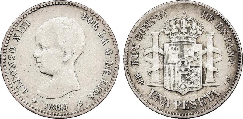 Alfonso XIII
1 Peseta. 1889 (*18-89). M.P.-M. Primera estrella algo floja pero v...