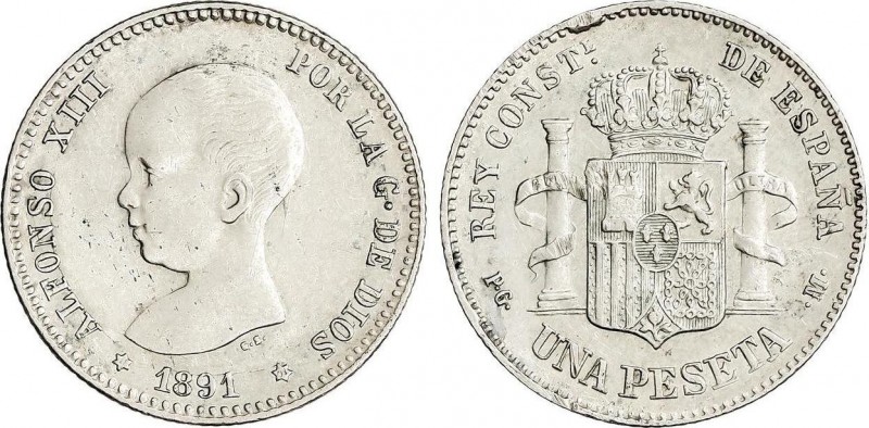 Alfonso XIII
1 Peseta. 1891 (*18-91). P.G.-M. Estrellas algo flojas pero visible...