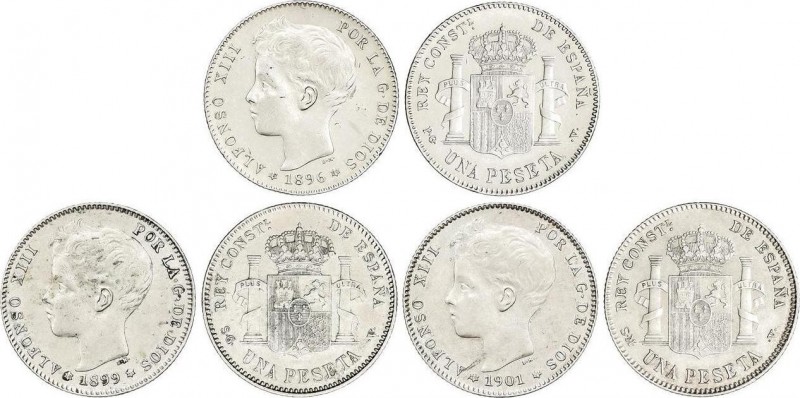 Alfonso XIII
Lote 3 monedas 1 Peseta. 1896,1899 y 1901. 1896 (*18-96) P.G.-V., 1...