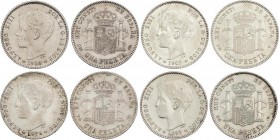 Alfonso XIII
Lote 4 monedas 1 Peseta. 1896 (*18-96) P.G.-V., 1899 (*18-99) S.G.-V., 1900 (*19-00) S.M.-V. y 1901 (*19-01) S.M.-V. Restos de brillo ori...
