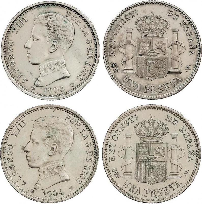 Alfonso XIII
Lote 2 monedas 1 Peseta. 1903 (*19-03) S.M.-V y 1904 (*19-04) S.M.-...