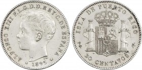 Alfonso XIII
20 Centavos de Peso. 1895. PUERTO RICO. P.G.-V. (Limpiada). (MBC+/EBC-). 